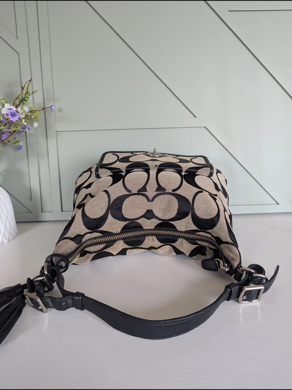 Coach Khaki and Black Signature Canvas Hobo with Tassel